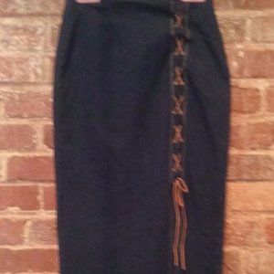 YS FASHIONS Dark Blue Denim Bodycon Midi Skirt Frayed Hem Women Juniors Small